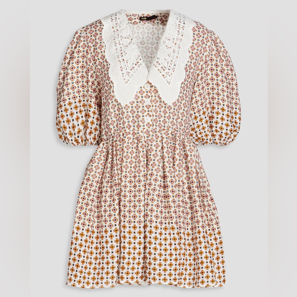 MAJE Lace Collar Tile Print Linen Puff Sleeve Cottagecore 70s Babydoll Dress‎ 6 - Picture 16 of 16